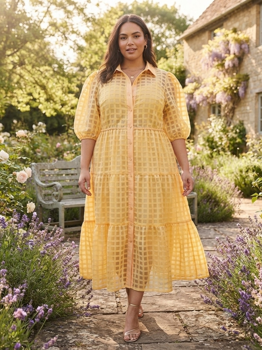 Gridded Organza Tiered Maxi Dress